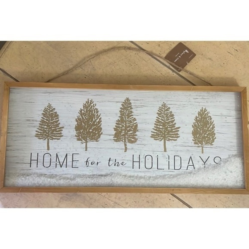 Place & Time Home for the Holidays Wood Wall Sign Faux Snow Christmas Decor